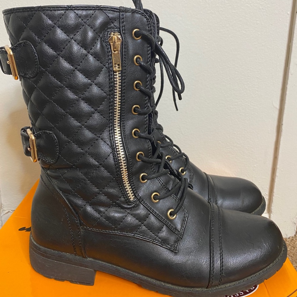 Black Combat Boots with gold hardware